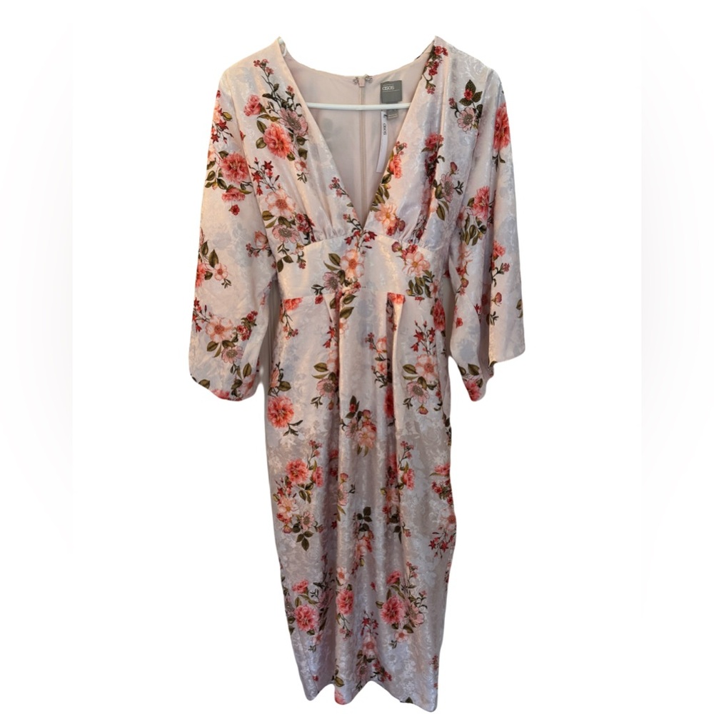 NWT ASOS Kimono Midi Dress Plunge V, 3/4 Sleeves, Pink‎ Floral Jacquard, Size 6
